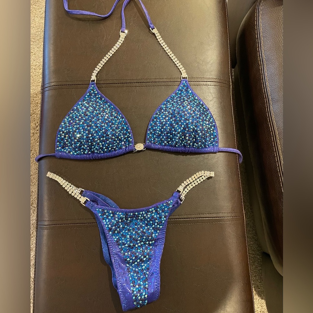 Blue Crystal Embellished Triangle Bikini Set